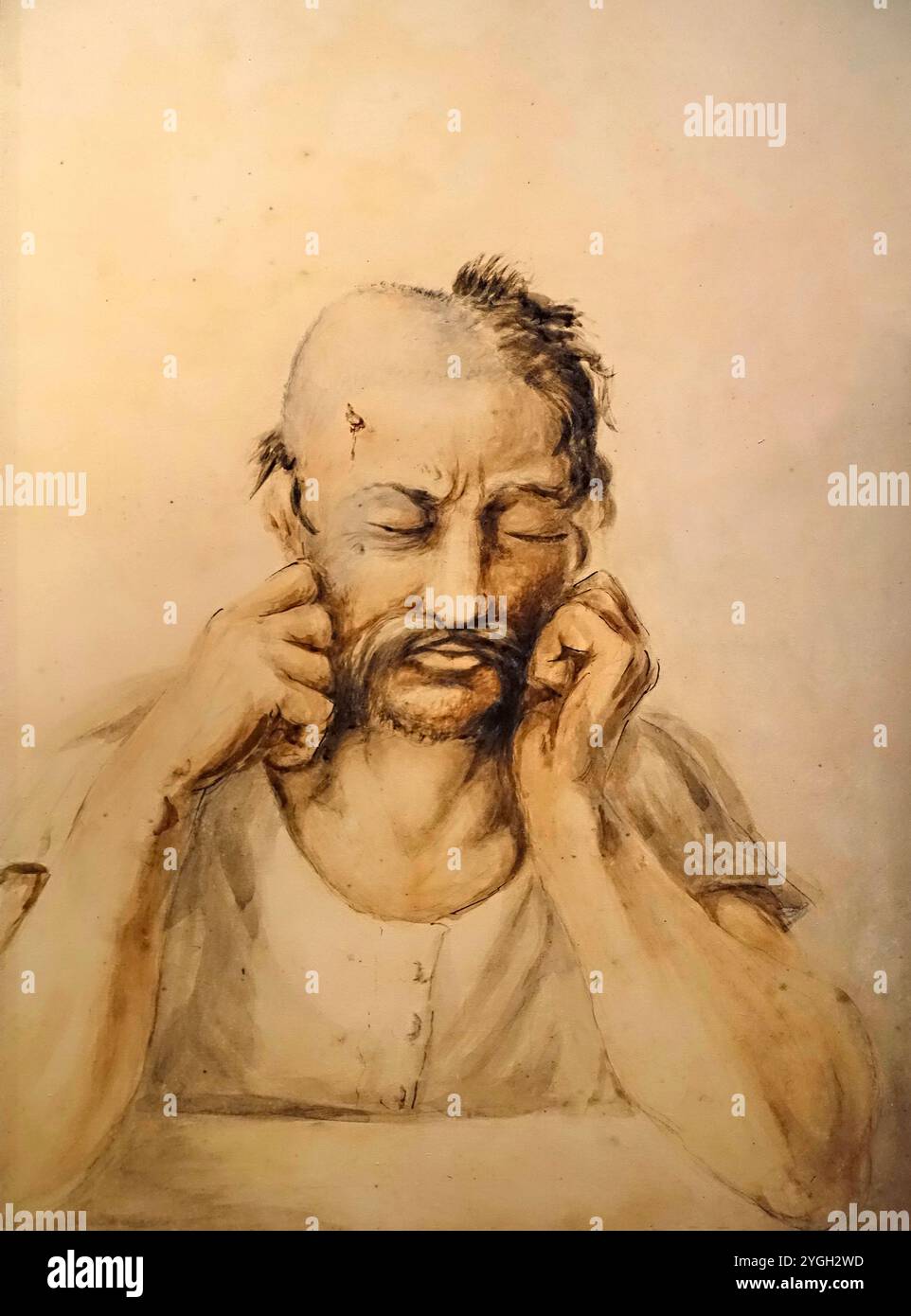 Soldat abattu souffrant d'une blessure à la tête d'une boule de mousquet / blessure par balle, illustration aquarelle par le chirurgien de l'armée britannique Charles Bell Banque D'Images