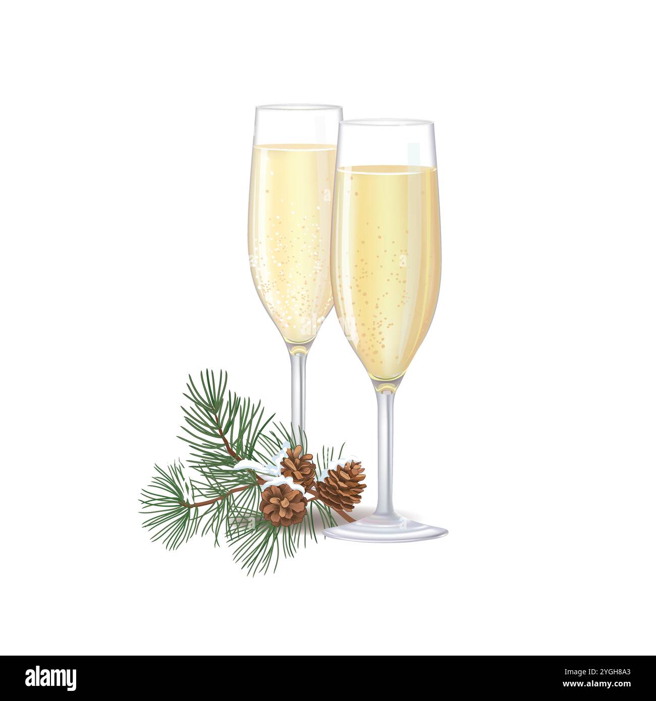 Deux flûtes remplies de champagne pétillant, montrant de fines bulles et une couleur dorée. Illustration de Vecteur