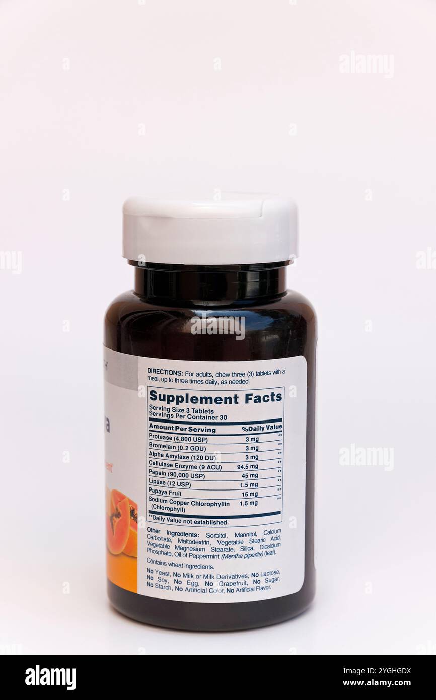 Super Papaya enzyme plus comprimés à croquer aide digestive pour la décomposition après-repas des aliments. Banque D'Images