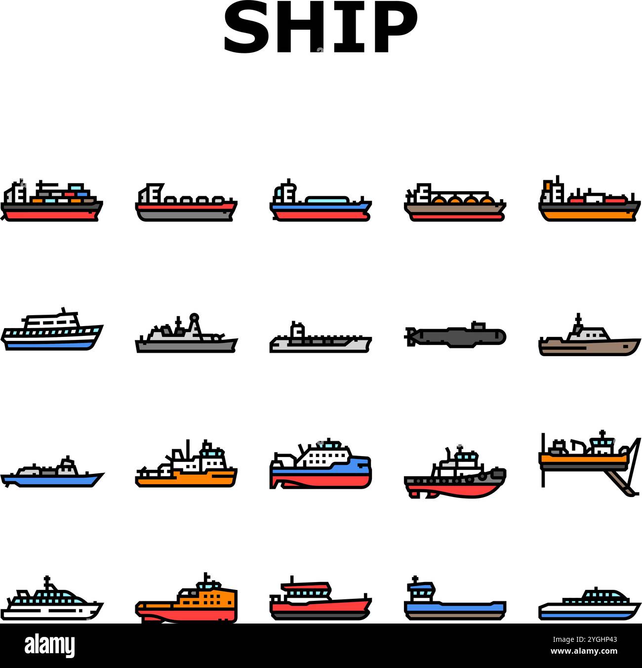 vecteur défini par les icônes de navigation maritime de cargaison de navire Illustration de Vecteur