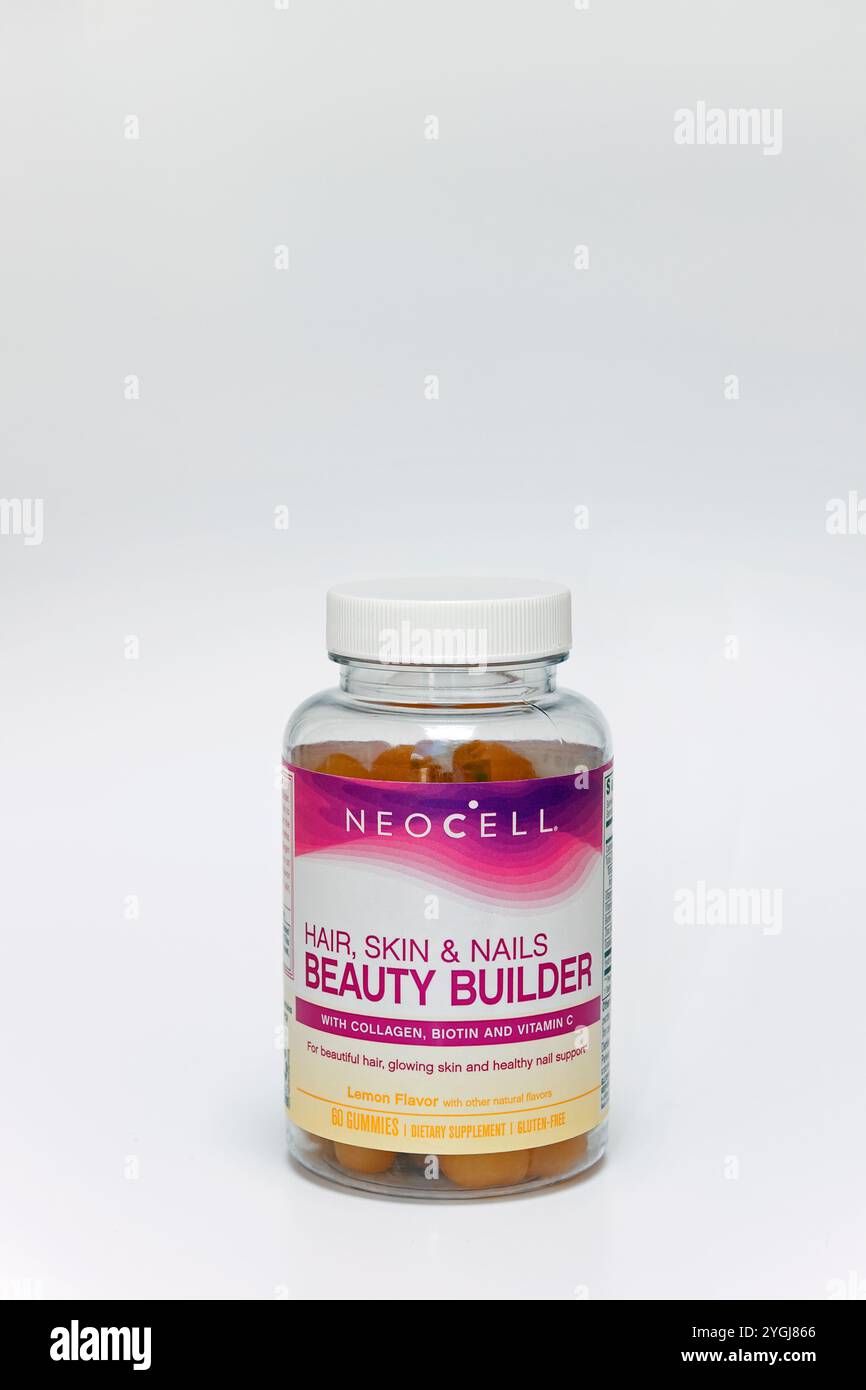 Neocell Hair, Skin, & Nails Beauty Builder Gummies avec collagène, biotine et vitamine C pour favoriser la santé de la peau, des cheveux et des ongles. Banque D'Images