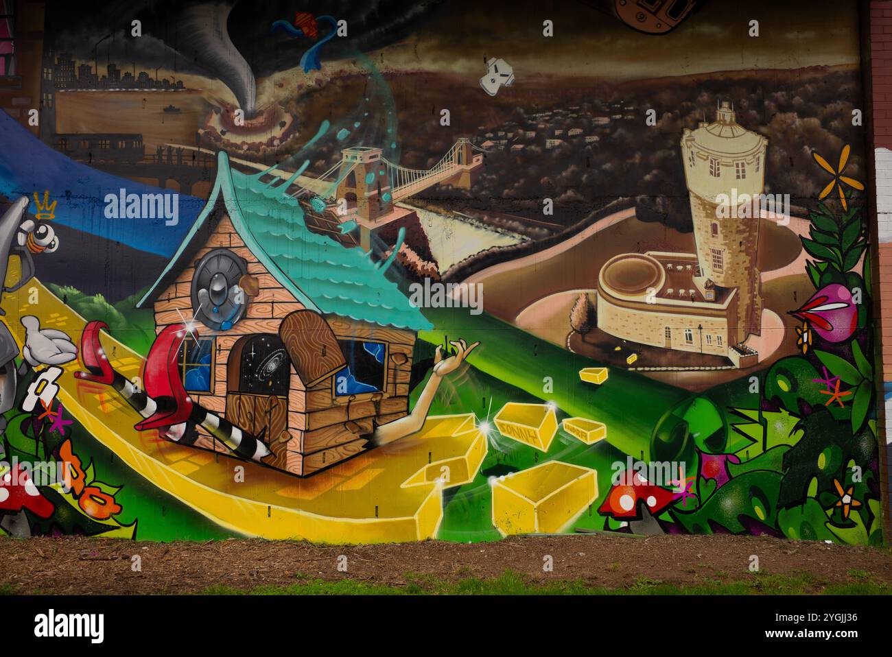 Détail d'une murale de 50 mètres créée par des artistes de rue locaux à Bristol pour célébrer les 30 ans du label indépendant Metalheadz drum and bass Banque D'Images