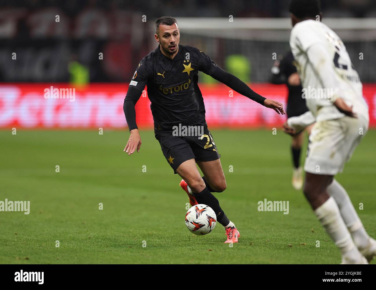 Francfort-sur-le-main, Allemagne. 07 novembre 2024. 07.11.2024, Fussball UEFA Europa League, Eintracht Frankfurt - SK Slavia Prag, emonline, emspor, v.l., Ivan Schranz (SK Slavia Praha) LA RÉGLEMENTATION DFL/DFB INTERDIT TOUTE UTILISATION DE PHOTOGRAPHIES COMME SÉQUENCES D'IMAGES ET/OU QUASI-VIDÉO. Crédit xdcx : dpa/Alamy Live News Banque D'Images