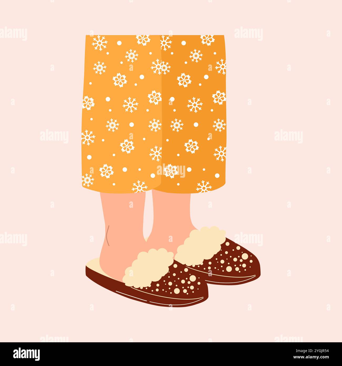 Jambes en pyjama avec flocons de neige et chaussons confortables. Illustration vectorielle dessinée à la main de Noël. Illustration de Vecteur