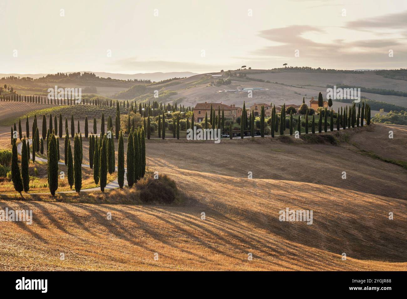 Agriturismo Baccoleno près d'Asciano dans la lumière dorée du soir Banque D'Images