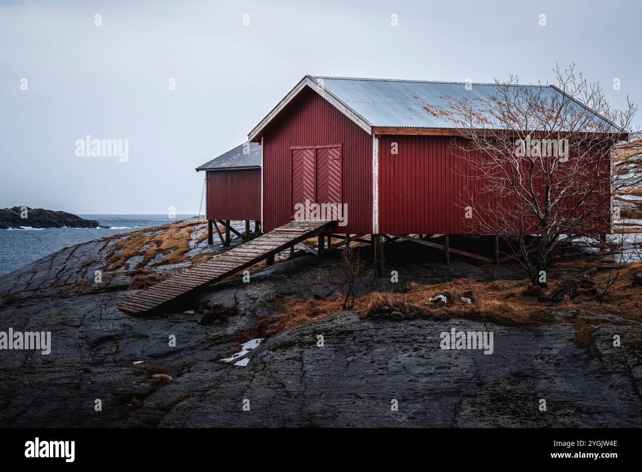 Lofoten, Norvège, hiver, hangar à bateaux Banque D'Images