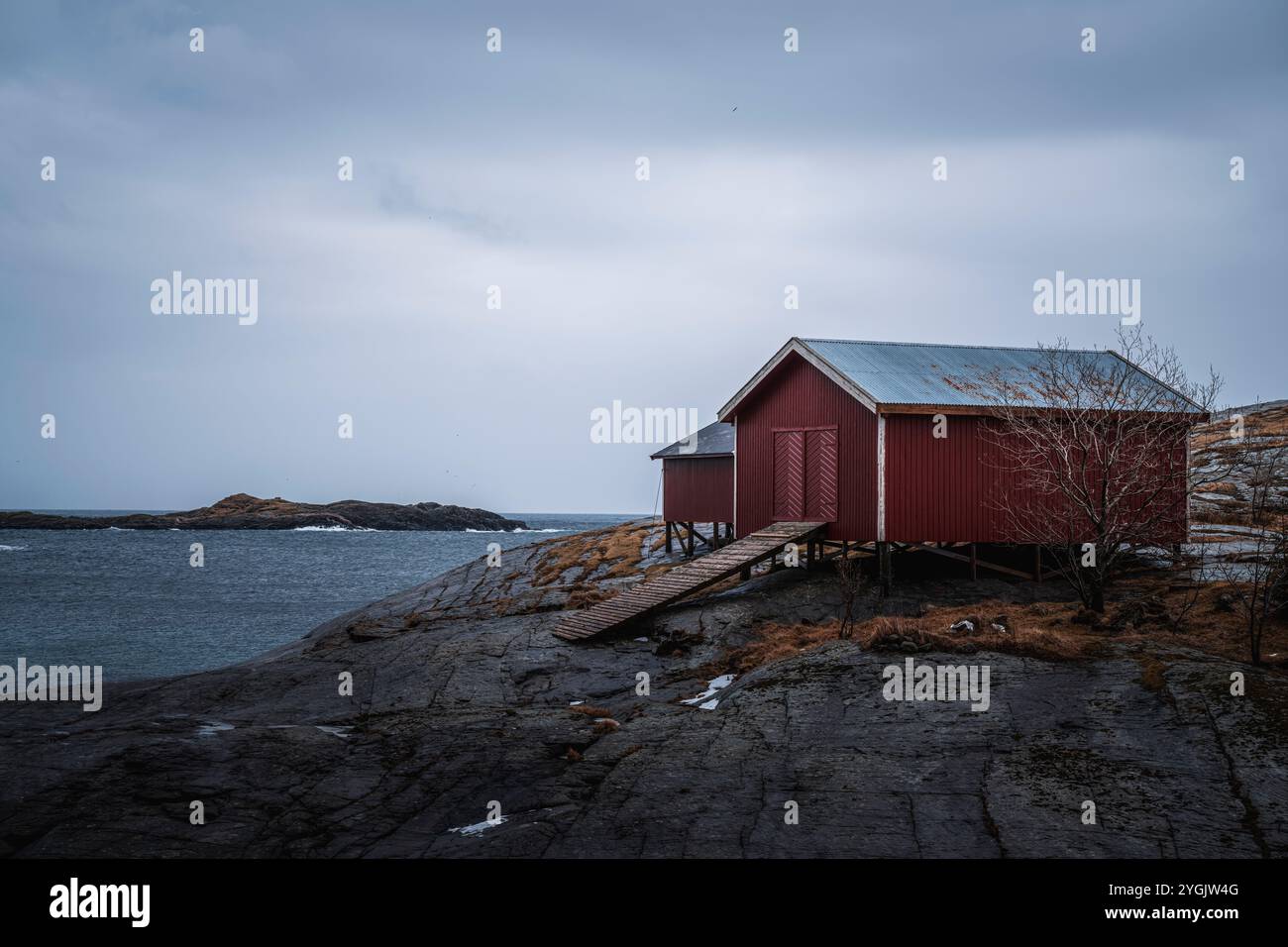 Lofoten, Norvège, hiver, hangar à bateaux Banque D'Images
