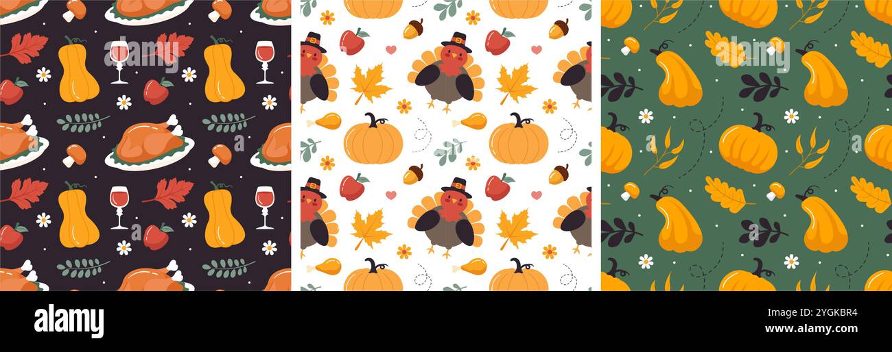 Modèle de motif sans couture festif Thanksgiving Day avec des éléments de dessin animé de style plat vibrant pour des designs saisonniers et des décorations de vacances Illustration de Vecteur