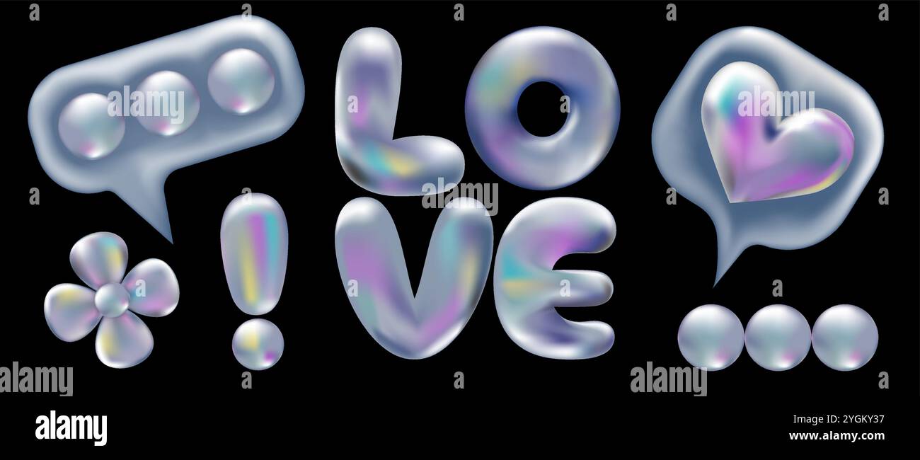 Ensemble d'autocollants rétro 3d holographique 90. Chrome Daisy, Love, Ellipsis, comme, point d'exclamation dans le style Y2K isolé sur noir. Future Galaxy esthétique, bulle chromée 3D optimisée Jeu de formes brillantes en métal. Illustration de Vecteur