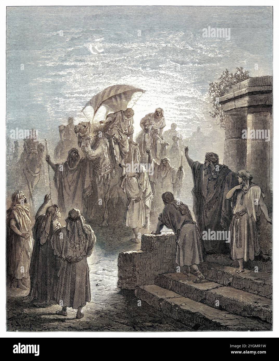 La rencontre d'Isaac et Rebecca. Ancien Testament. Illustration biblique antique numériquement colorée par Gustave Doré (1832-1883) Banque D'Images