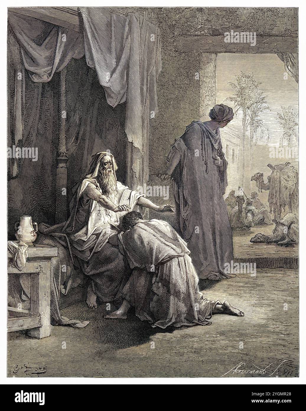Isaac se vengeait de Jacob. Ancien Testament. Illustration biblique antique numériquement colorée par Gustave Doré (1832-1883) Banque D'Images