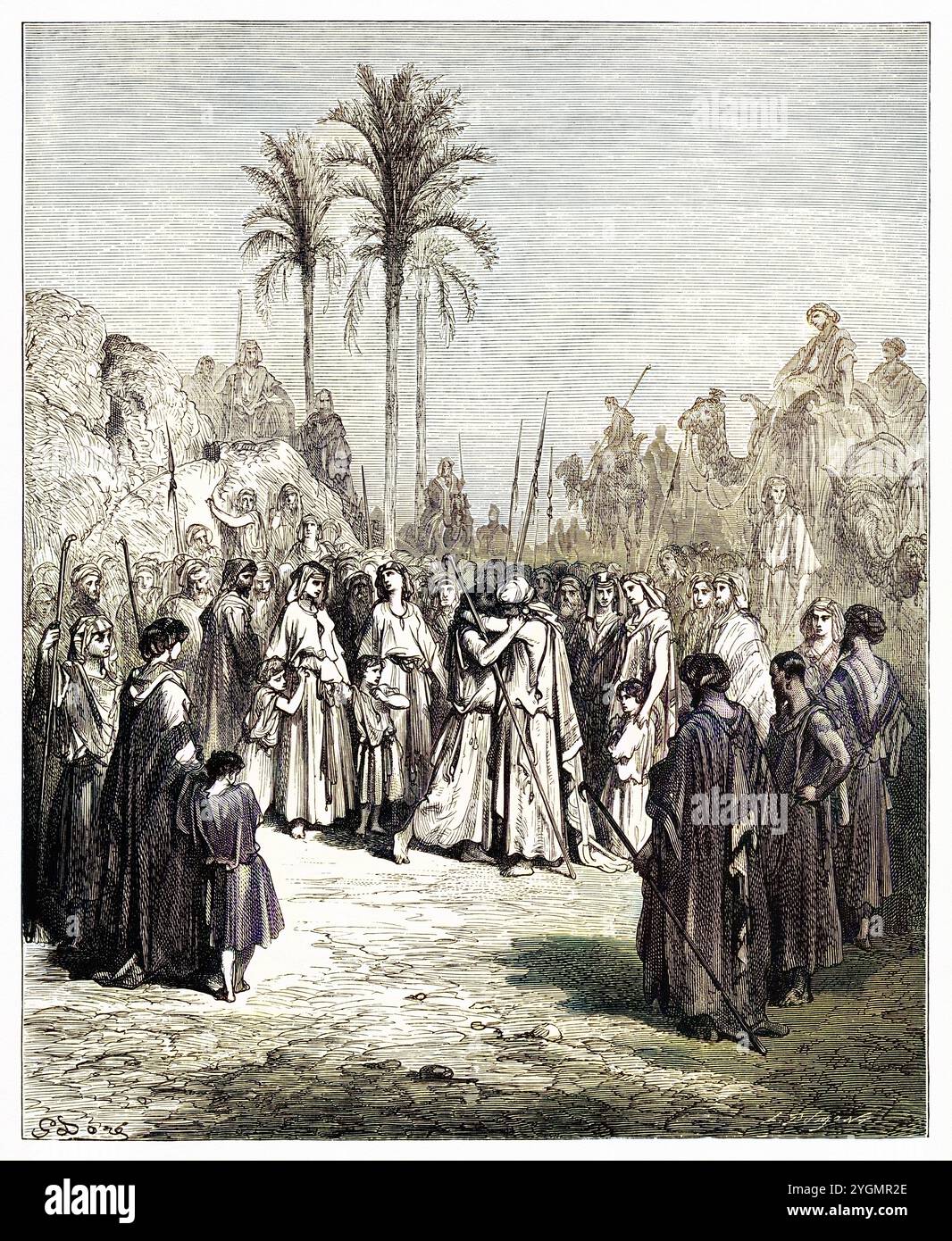 Rencontre de Jacob et Esau. Ancien Testament. Illustration biblique antique numériquement colorée par Gustave Doré (1832-1883) Banque D'Images