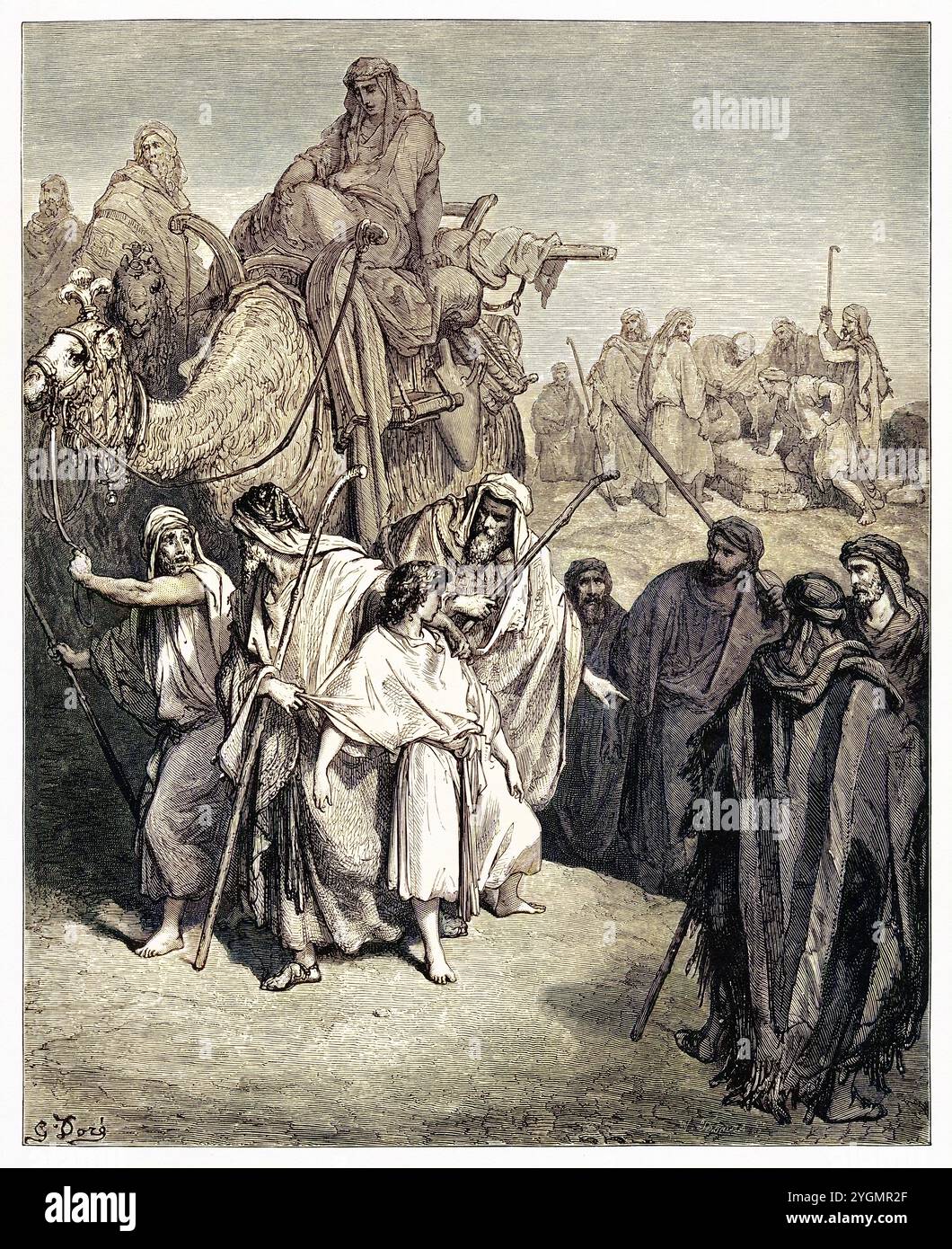 Joseph, fils de Jacob et Rachel, est vendu en esclavage en Égypte par ses frères. Ancien Testament. Illustration biblique antique numériquement colorée par Gustave Doré (1832-1883) Banque D'Images