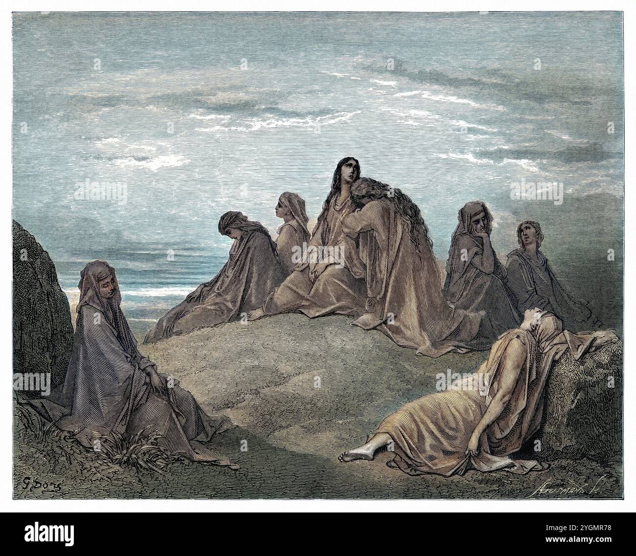 La fille de Jephthah et ses compagnons. Ancien Testament. Illustration biblique antique numériquement colorée par Gustave Doré (1832-1883) Banque D'Images