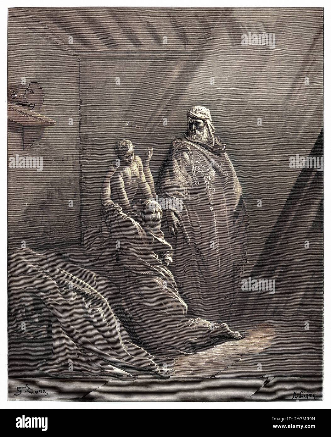 Élie réanimant le fils de la veuve de Sarepta. Ancien Testament. Illustration biblique antique numériquement colorée par Gustave Doré (1832-1883) Banque D'Images