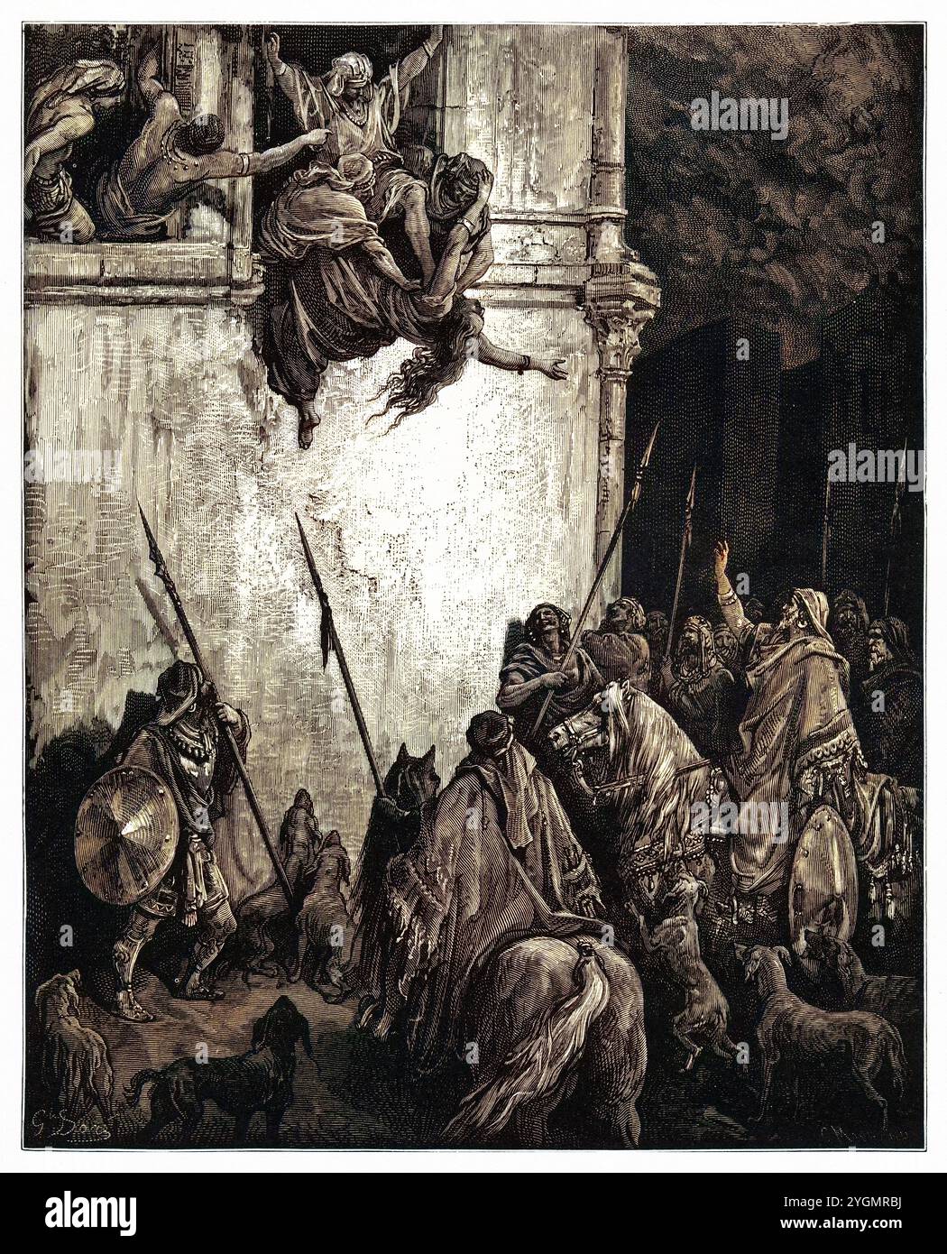 La mort de Jézabel par ordre du roi Jéhu qui l'a jetée dans la rue et piétinée. Ancien Testament. Illustration biblique antique numériquement colorée par Gustave Doré (1832-1883) Banque D'Images
