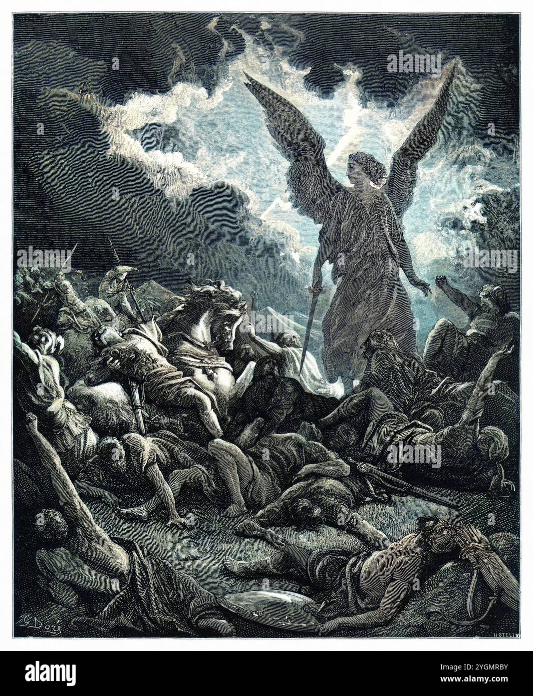 L'Archange Gabriel, instrument de Dieu détruit l'armée de Sennachérib roi d'Assyrie. Ancien Testament. Illustration biblique antique numériquement colorée par Gustave Doré (1832-1883) Banque D'Images