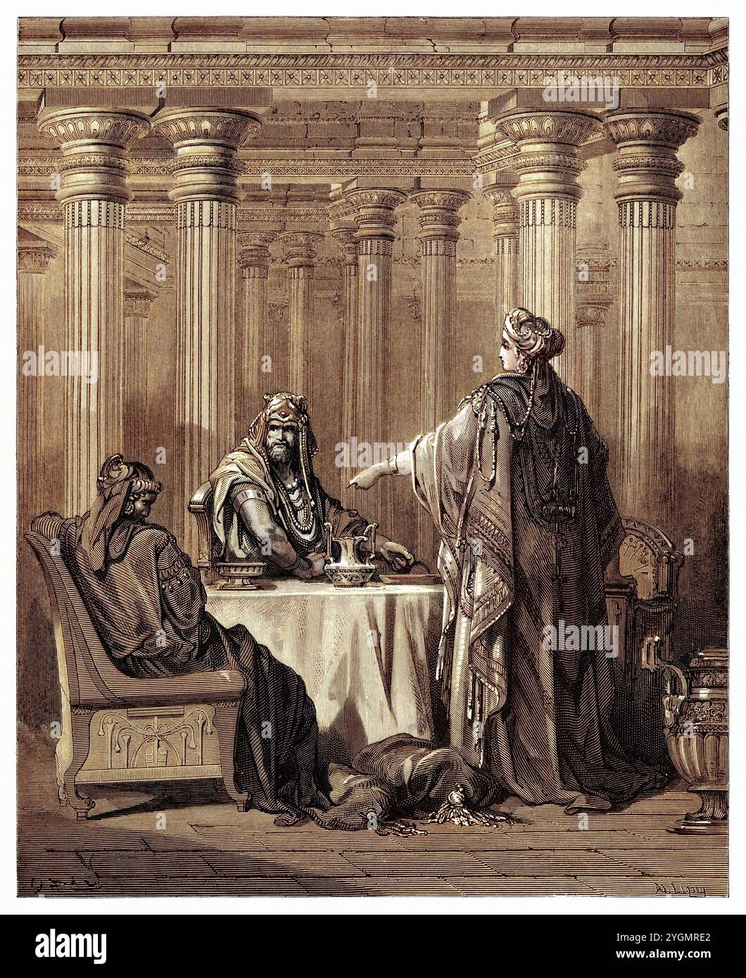 La reine Esther accuse Haman de trahison devant Assuérus. Ancien Testament. Illustration biblique antique numériquement colorée par Gustave Doré (1832-1883) Banque D'Images