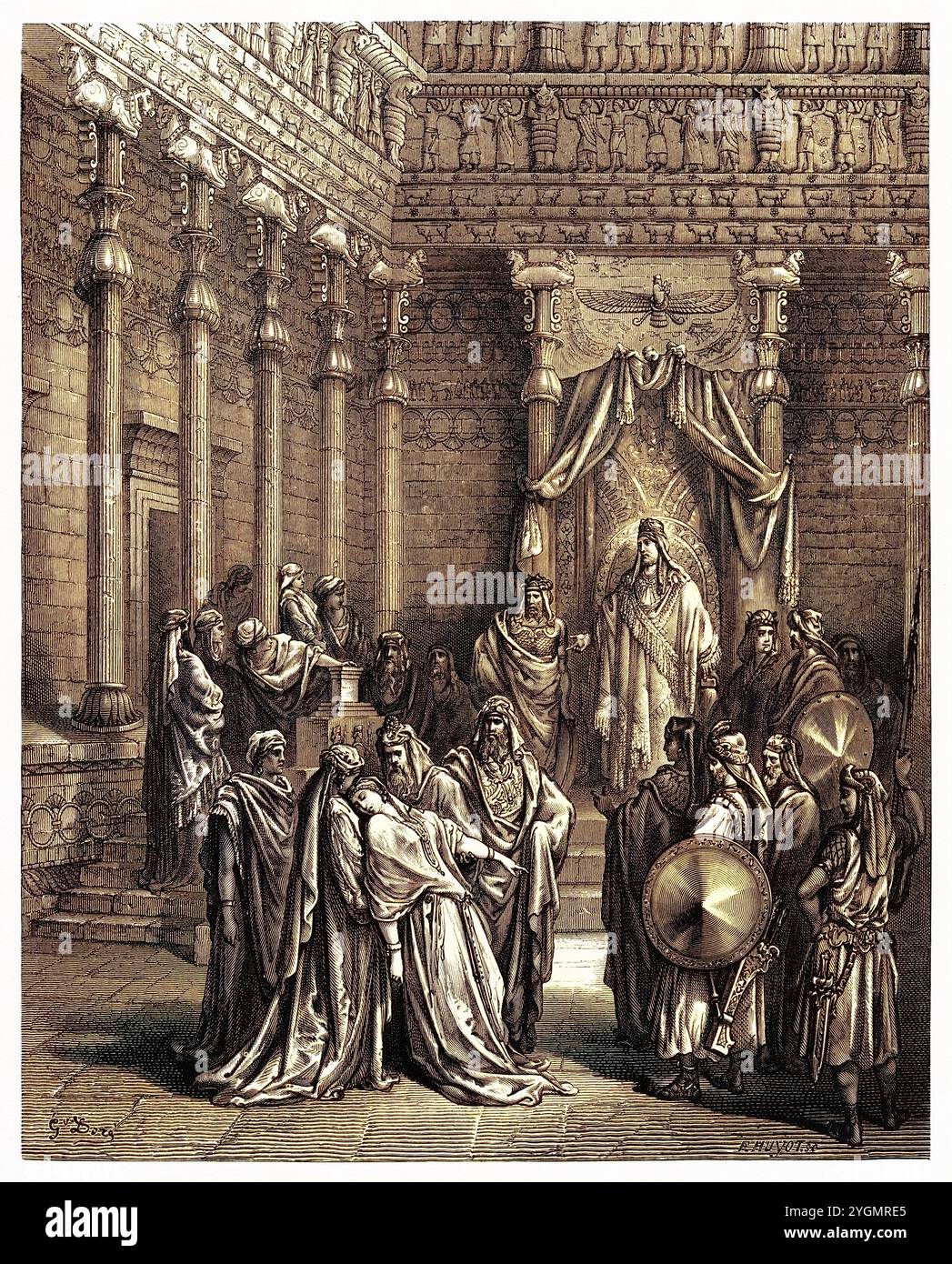 Esther s'évanouit devant le roi Assuérus, espérant mourir parce qu'elle était juive. Ancien Testament. Illustration biblique antique numériquement colorée par Gustave Doré (1832-1883) Banque D'Images