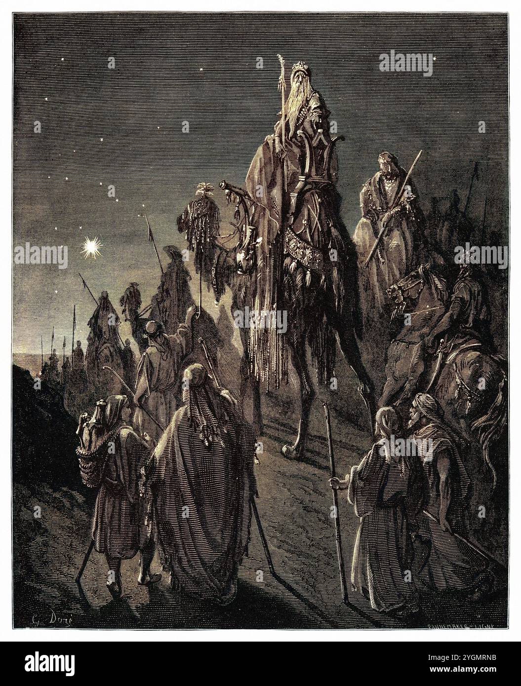 La Nativité. Les trois sages de l'est suivent l'étoile jusqu'à Bethléem (Matthieu 2:9) Nouveau Testament. Illustration biblique antique numériquement colorée par Gustave Doré (1832-1883) Banque D'Images