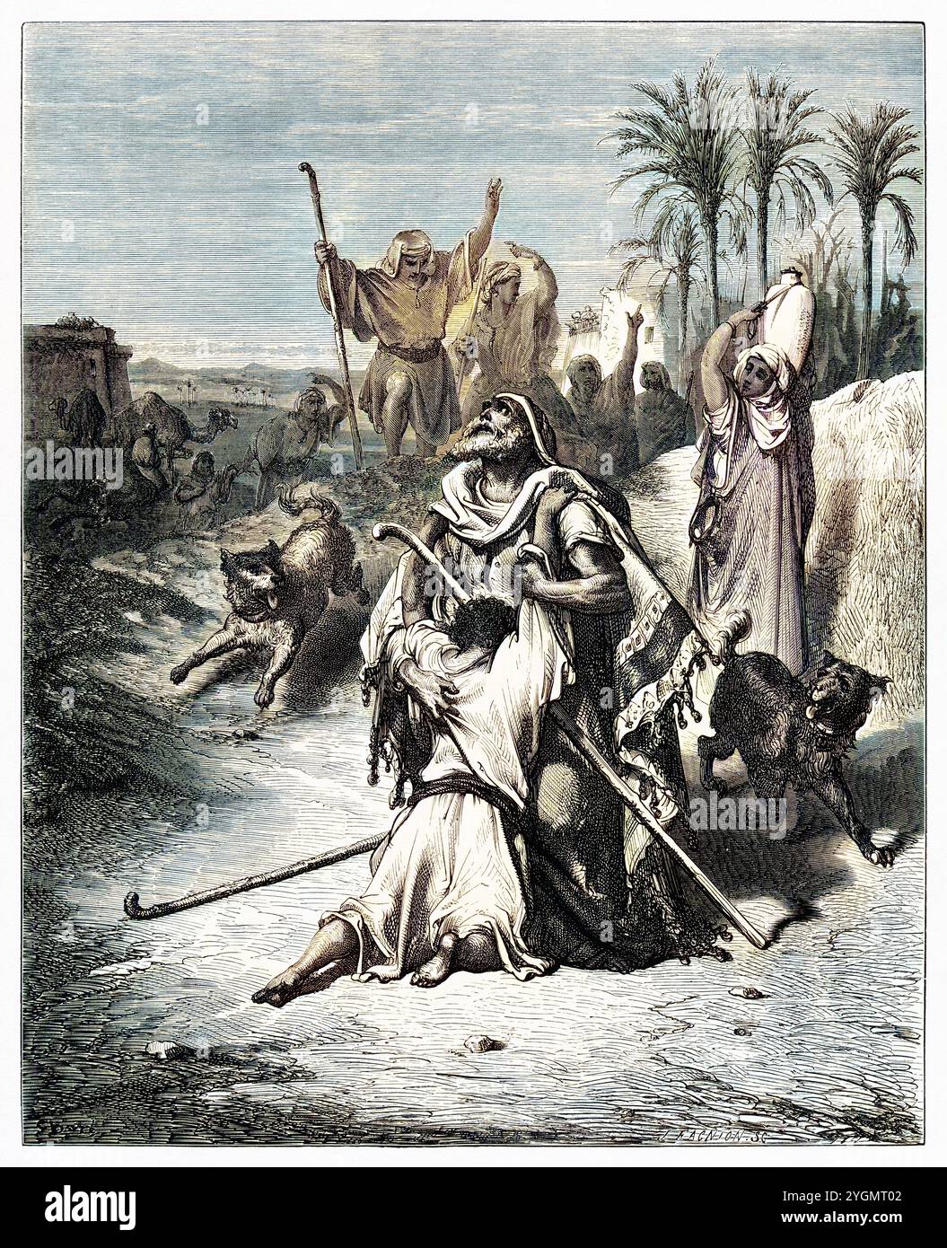 Parabole du fils prodigue. Le fils prodigue retourne aux armes de son père (Luc 15, 20) Nouveau Testament. Illustration biblique antique numériquement colorée par Gustave Doré (1832-1883) Banque D'Images