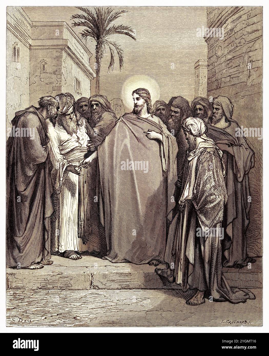 Jésus parle de l'argent du tribut et prononce la phrase donner à César ce qui est à César et à Dieu ce qui est le Nouveau Testament de Dieu ( Matthieu 22:37). Illustration biblique antique numériquement colorée par Gustave Doré (1832-1883) Banque D'Images