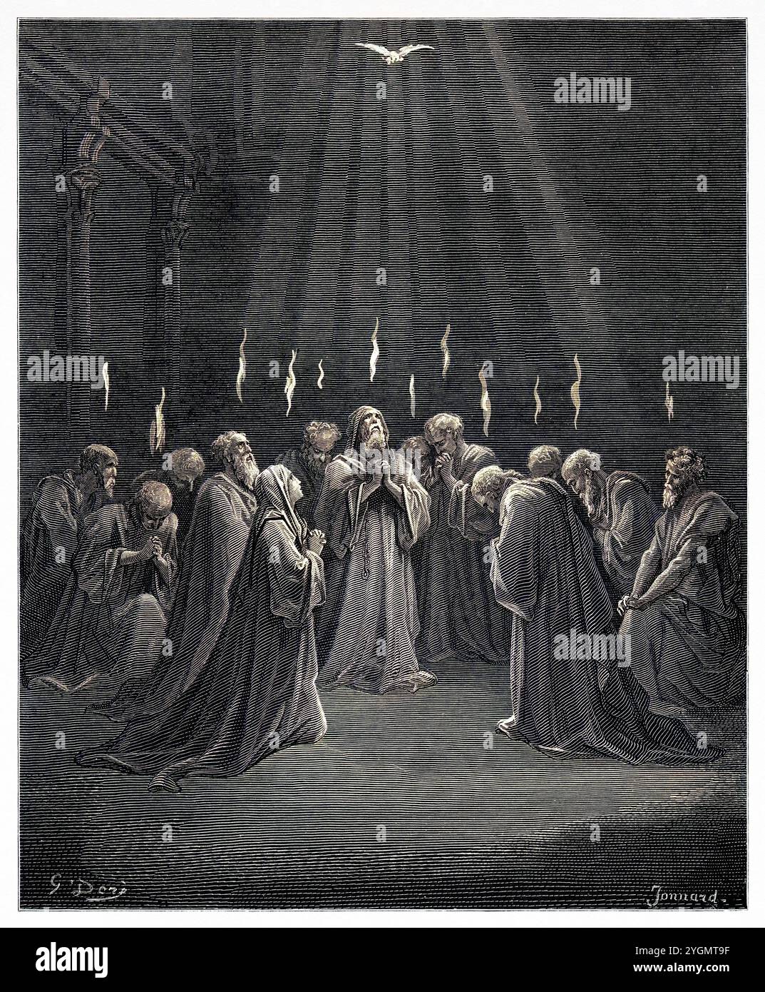 L'effusion du Saint-esprit. Pentecôte, la descente du Saint-esprit. Nouveau Testament. Illustration biblique antique numériquement colorée par Gustave Doré (1832-1883) Banque D'Images