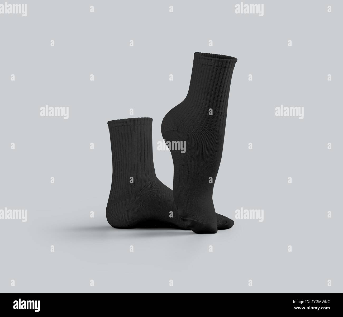 Chaussettes noires moyennes rendu 3D, un pied étiré, vue latérale, isolé sur fond. Gabarit de vêtements moyen pour les pieds. Vêtements de mode pour Banque D'Images