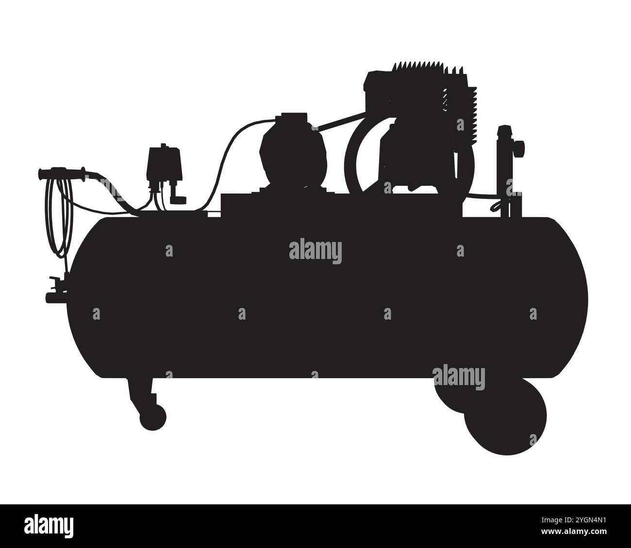 Silhouette de pompe à eau. Compresseur pour l'industrie pétrolière avec moteur. Réservoir aqua d'ingénierie avec tubes et vannes. Système d'alimentation diesel isolé. Compresseur d'air Illustration de Vecteur