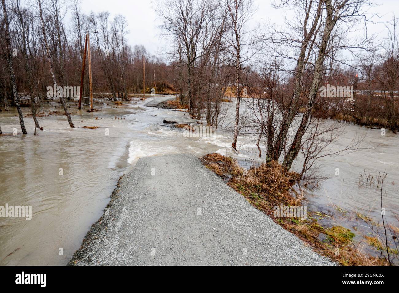 Tromso 20241108. Beaucoup de précipitations ont entraîné des dégâts dus aux inondations dans plusieurs endroits de Tromso. Les précipitations et la fonte des neiges entraînent un risque d'inondation dans de grandes parties du nord de la Norvège. Plusieurs écoles sont fermées et plusieurs routes sont fermées à cause de la tempête. Les météorologues ont émis un avertissement jaune d'inondation pour la partie nord du Nordland, ainsi que pour Troms et certaines parties du Finnmark. Photo : Rune Stoltz Bertinussen / NTB Banque D'Images