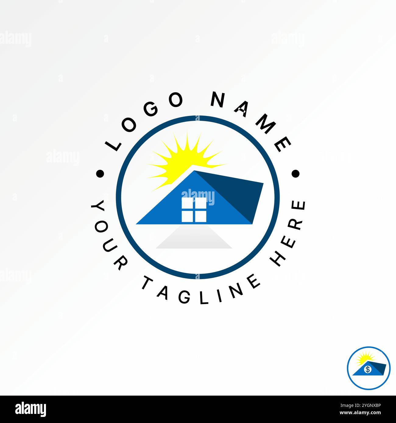 Conception de logo concept graphique créatif vecteur premium image stock graphique brillant soleil simple maison de toit cercle d'ombre à la maison fenêtre à l'hypothèque de propriété Illustration de Vecteur