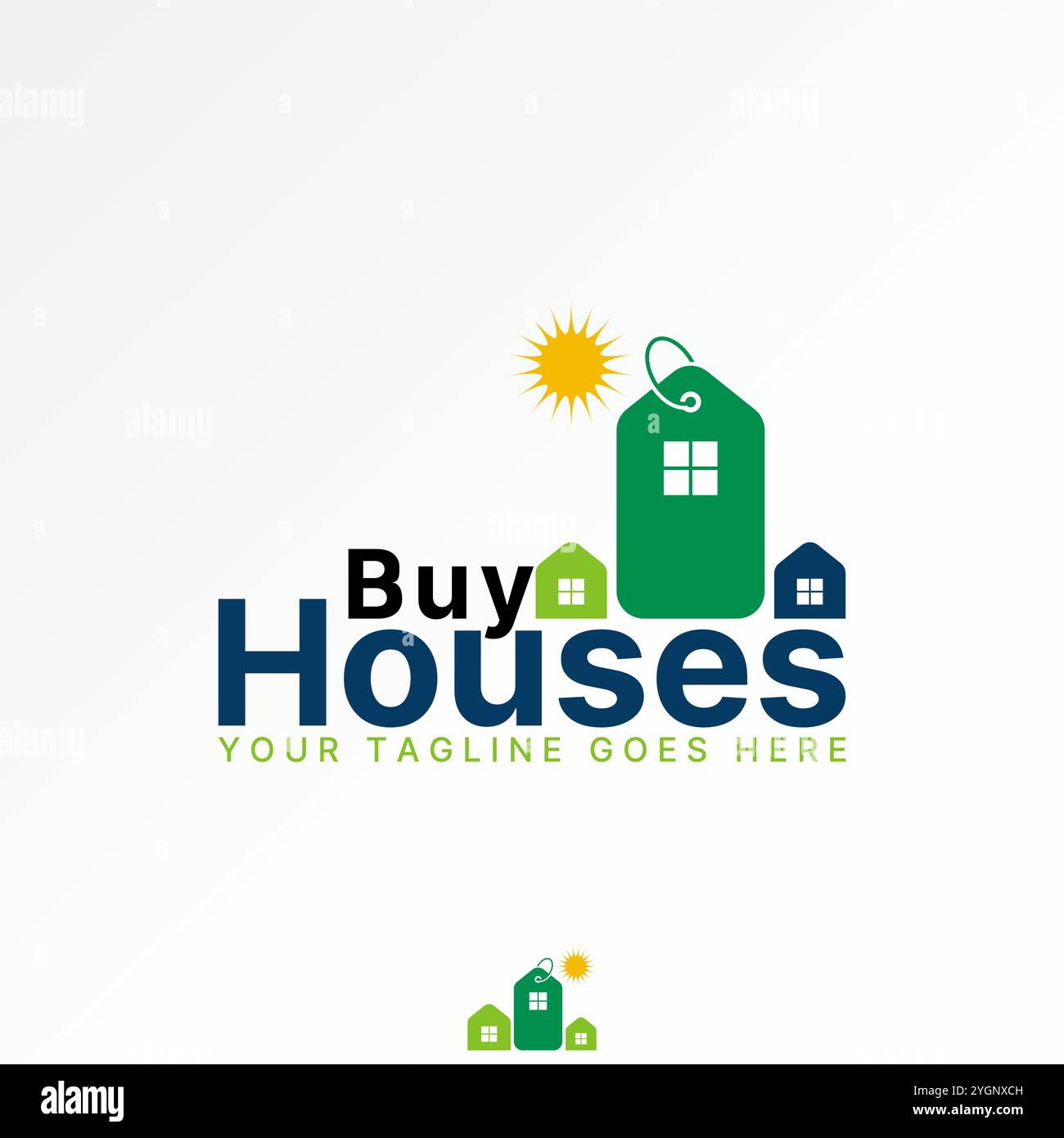 Conception de logo concept graphique créatif vecteur premium image stock texte graphique acheter des maisons construisant le soleil lumineux étiquette de prix à la maison à la propriété hypothèque Illustration de Vecteur