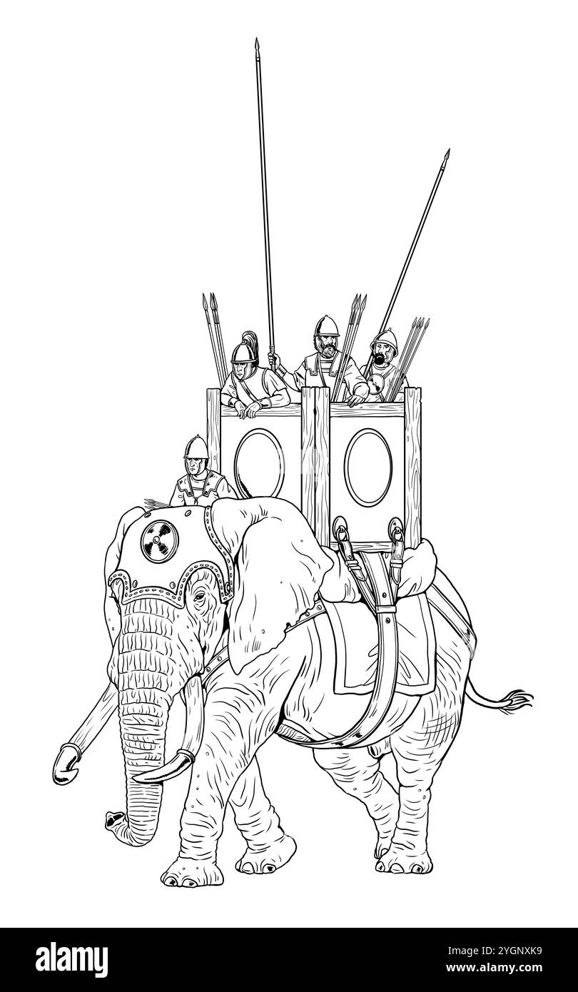 Ancien éléphant de guerre avec équipage. Dessin historique. Banque D'Images