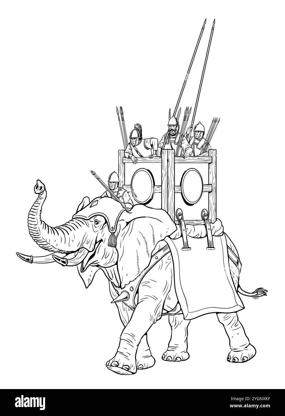 Ancien éléphant de guerre avec équipage. Dessin historique. Banque D'Images