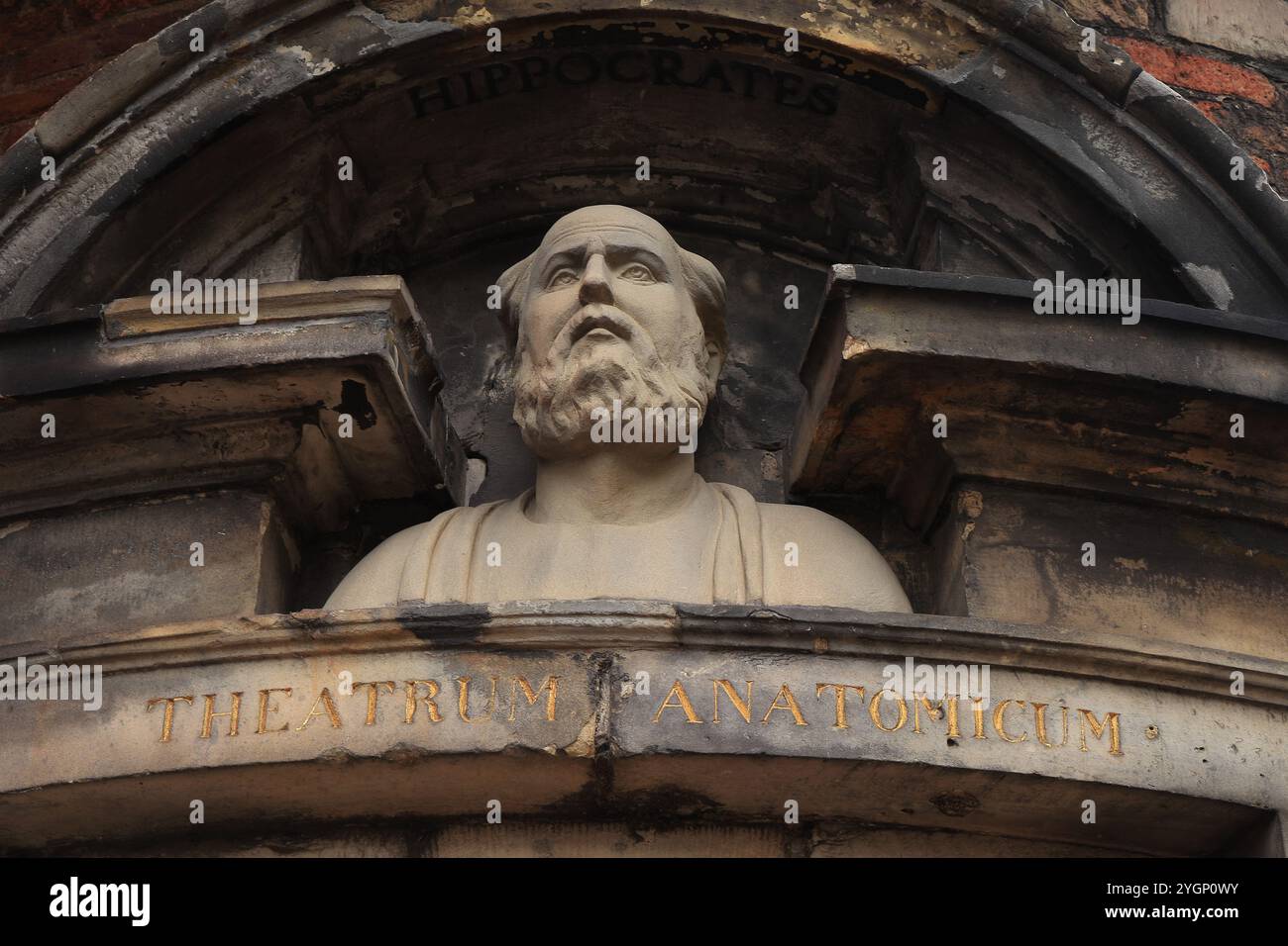 Historique de Waag bâtiment détail de façade avec buste d'Hippocrate à Amsterdam, pays-Bas Banque D'Images
