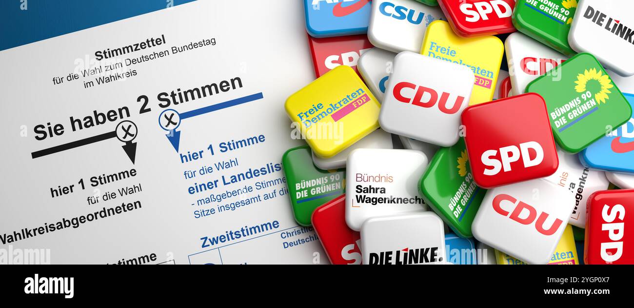 Plan conceptuel pour l'élection allemande du Bundestag. Logos des plus grands partis politiques allemands (CDU, CSU, SPD, Die Grünen, FDP, Die Linke, BSW, AF Banque D'Images
