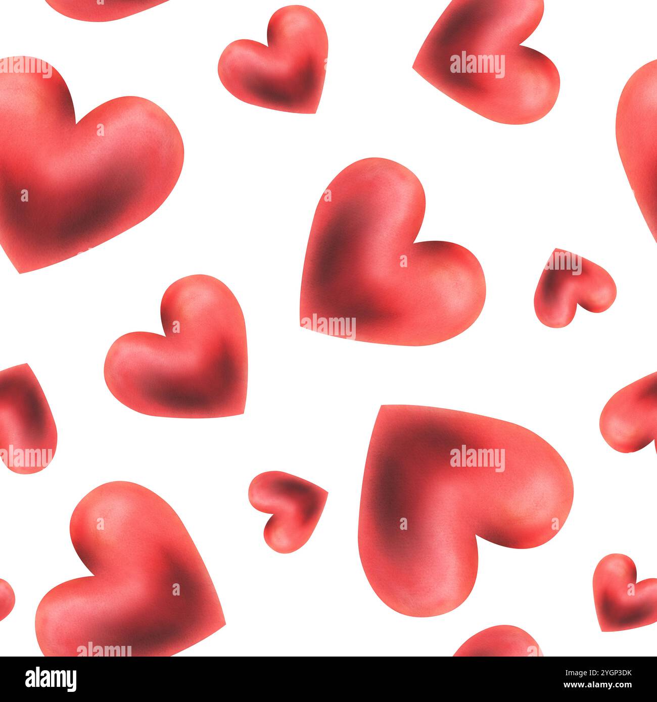 Coeurs rouge passionné, volumineux, différentes tailles et inclinaisons, romantique pour les mariages, Saint-Valentin. Illustration aquarelle dessinée à la main. Sans couture Banque D'Images