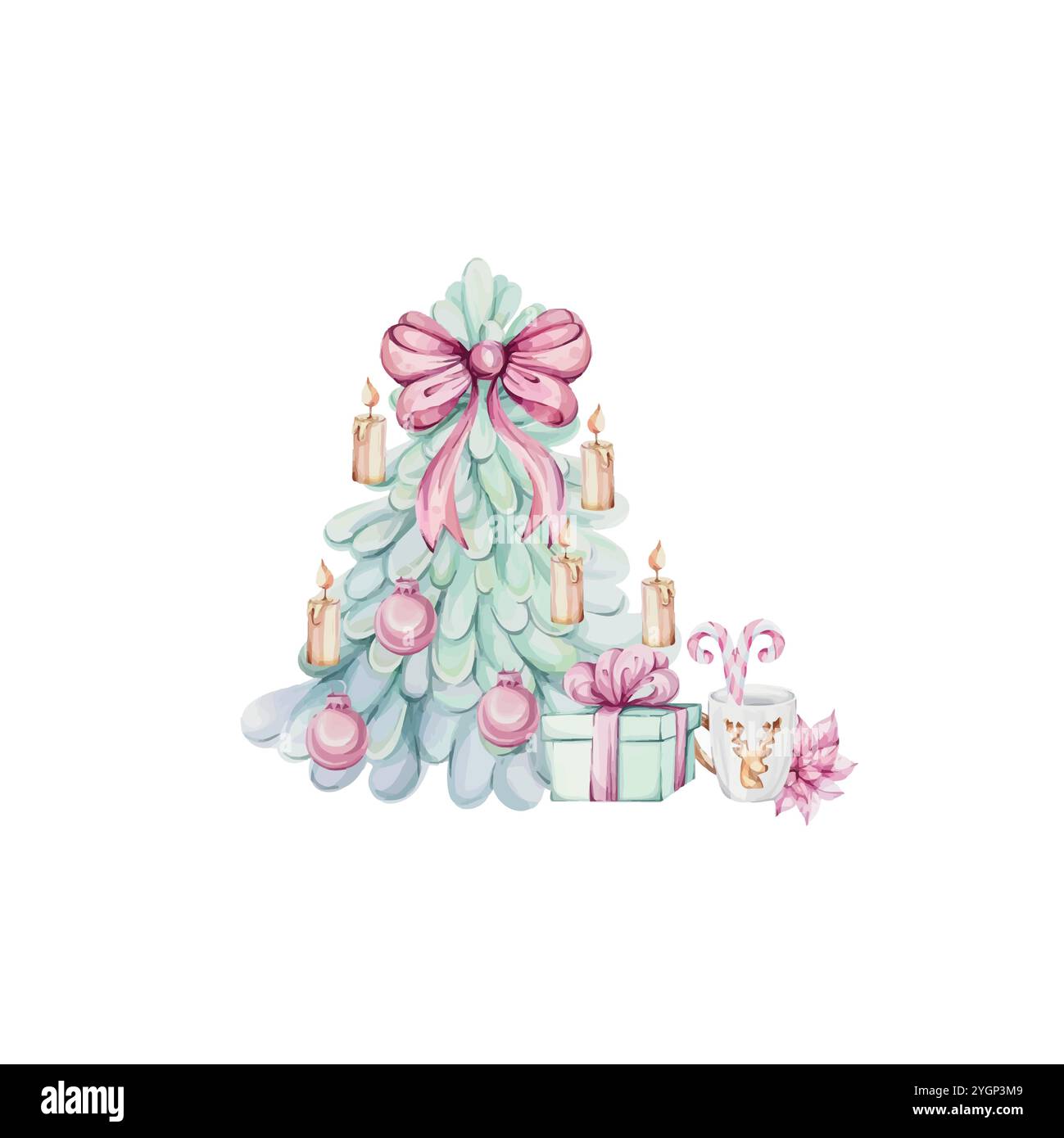 Arrangement d'arbre de Noël vert aquarelle, bougie avec sapin et cadeau. Style romantique de dessin animé. Pour la carte d'hiver Joyeux Noël. Peint à la main Illustration de Vecteur