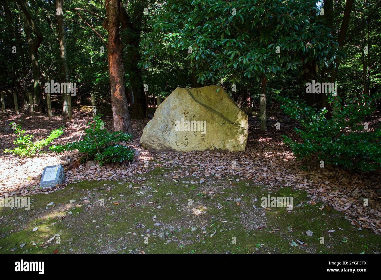 Forêt près de la célèbre forêt de bambous à Arashiyama présente des rochers sur lesquels sont inscrits certains des poèmes de cent poètes, un poème chacun. Banque D'Images