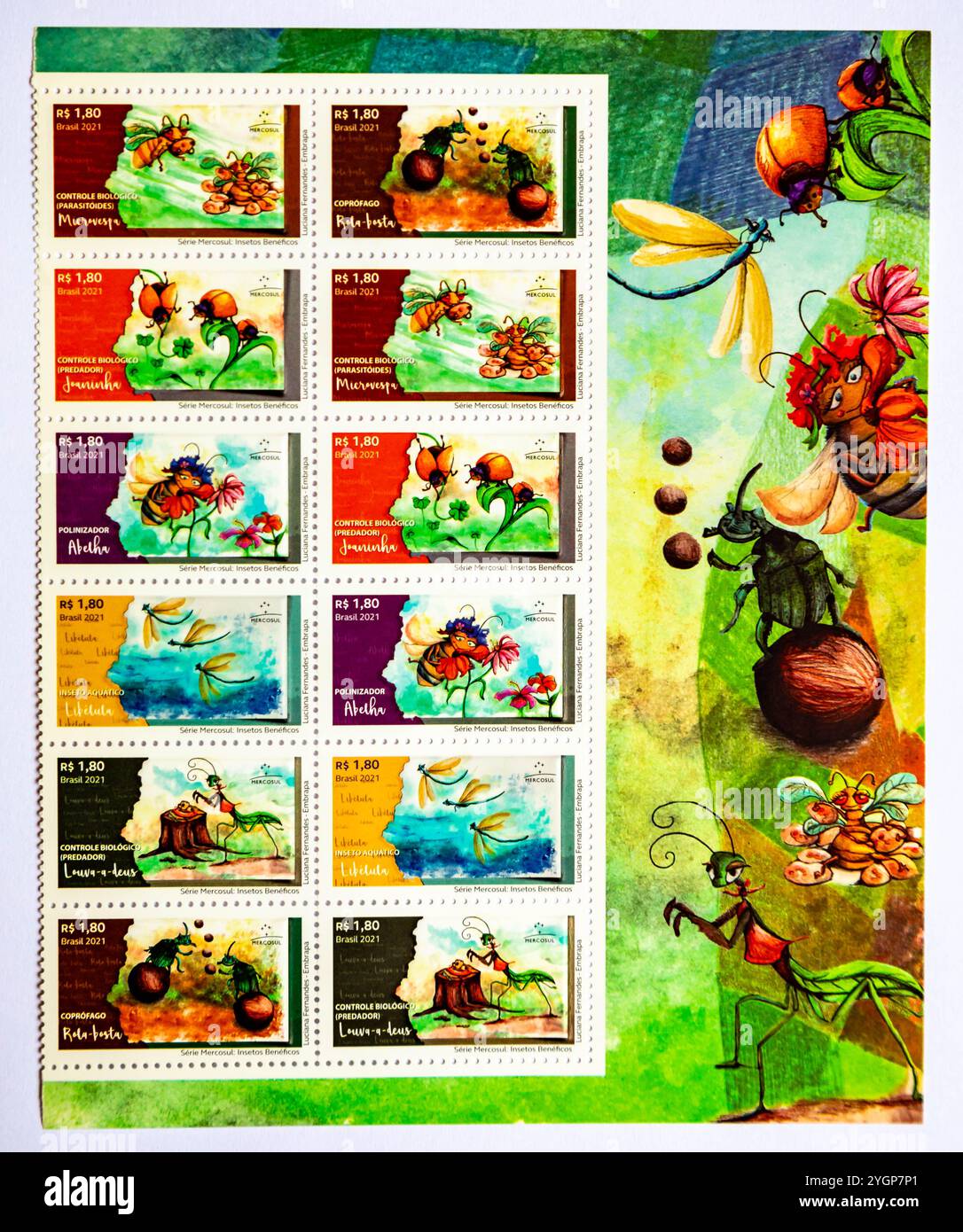 Collection de timbres-poste de la poste brésilienne. Timbres vintage rares et anciens sur le contrôle biologique, insectes brésiliens Banque D'Images