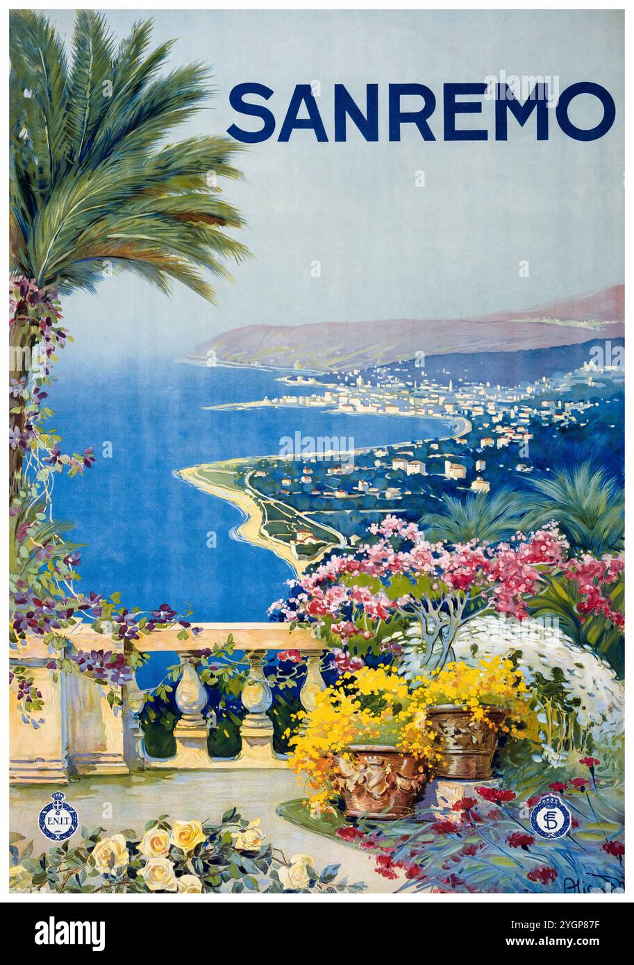 Sanremo, Italie, Riviera italienne, affiche de voyage vintage italienne, vers 1920 Banque D'Images