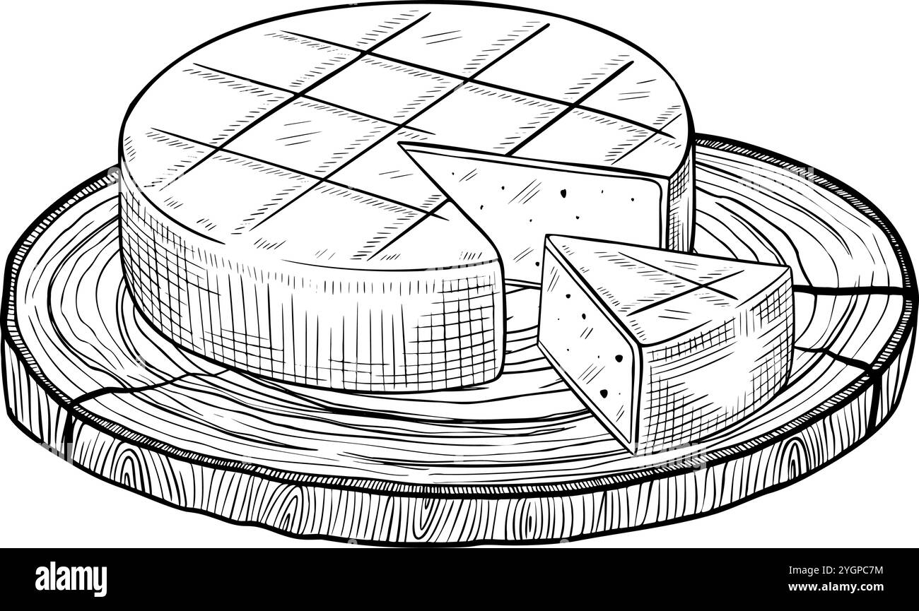 Roue à fromage sur illustration vectorielle de planche à découper en bois. Dessin avec tranche de produit laitier de ferme peint par des encres noires. Gravure linéaire de nourriture rustique pour livre de cuisine et recette. Illustration de Vecteur Roue à fromage sur illustration vectorielle de planche à découper en bois. Dessin avec tranche de produit laitier de ferme peint par des encres noires. Gravure linéaire de nourriture rustique pour livre de cuisine et recette. Illustration de Vecteur
