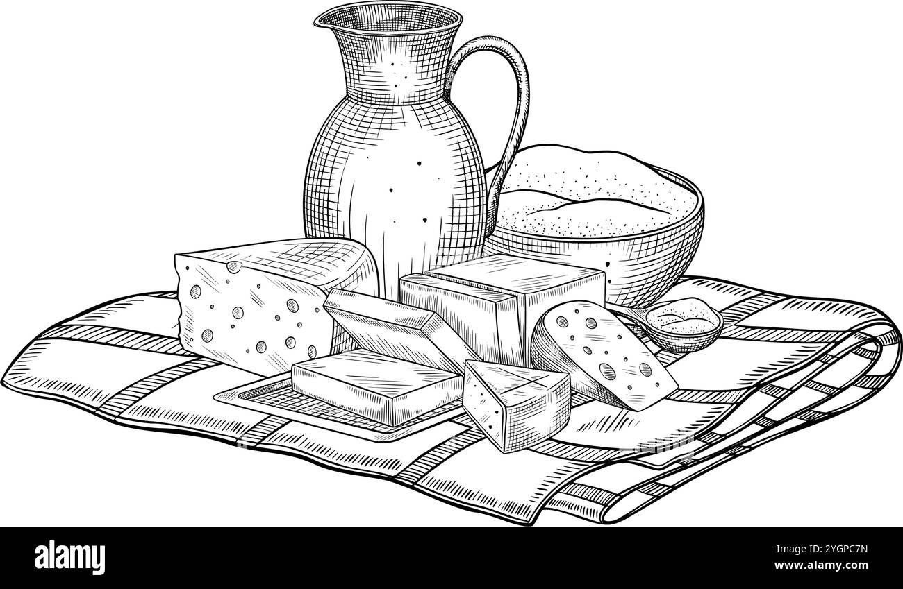Produits laitiers sur illustration vectorielle de nappe à carreaux. Dessin linéaire de meule de fromage, beurre et lait dans un pichet peint par des encres noires dans un style de contour. Gravure de produits agricoles pour livre de cuisine. Illustration de Vecteur