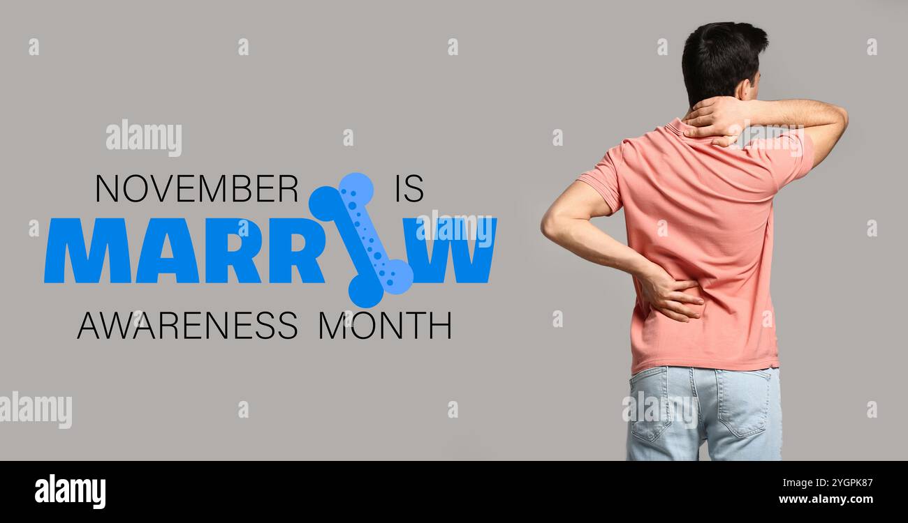 Bannière pour le mois de la sensibilisation à la moelle avec un jeune homme souffrant de mal de dos Banque D'Images