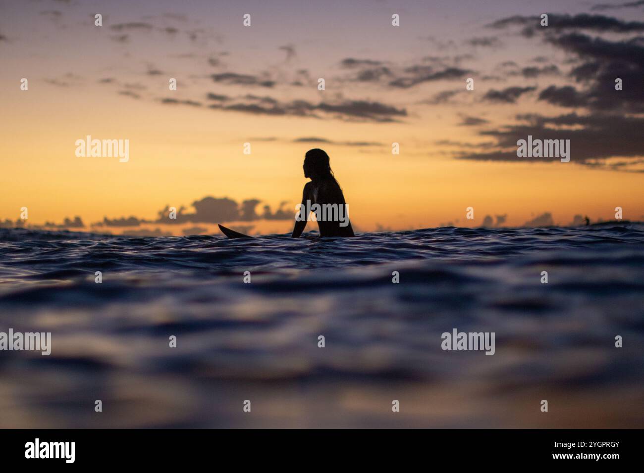 Un surfeur solitaire fait une pause dans les eaux calmes, s'imprégnant de la dernière lumière du Queens à Waikiki Banque D'Images