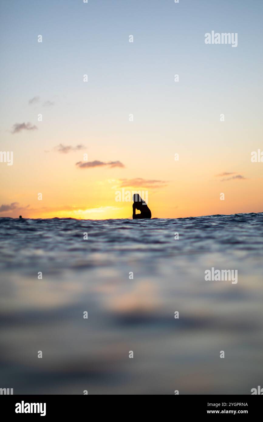 Surfeur assis dans des eaux calmes, baigné dans la lumière dorée du coucher du soleil à Queens, Waikiki Banque D'Images