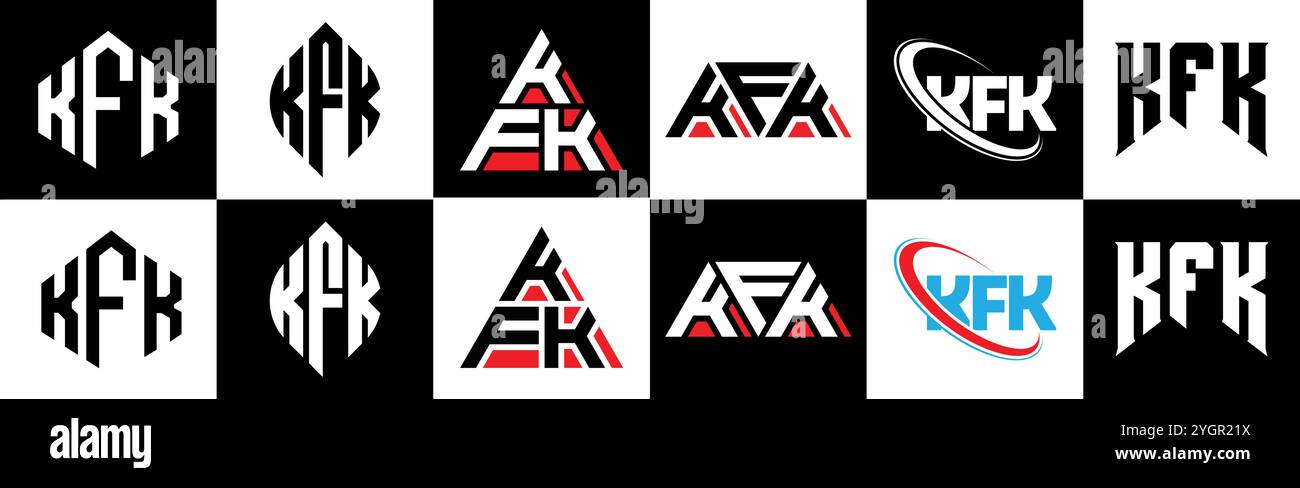 Conception de logo de lettre KFK dans le style six. KFK polygone, cercle, triangle, hexagone, style plat et simple avec variation de couleur noir et blanc lettre logo se Illustration de Vecteur