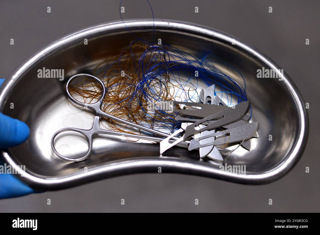 Lames de scalpel, suture chirurgicale, point de suture, points de suture avec une pince dans un petit bocal de rein en acier inoxydable, les sutures sont des dispositifs médicaux utilisés pour tenir le corps Banque D'Images