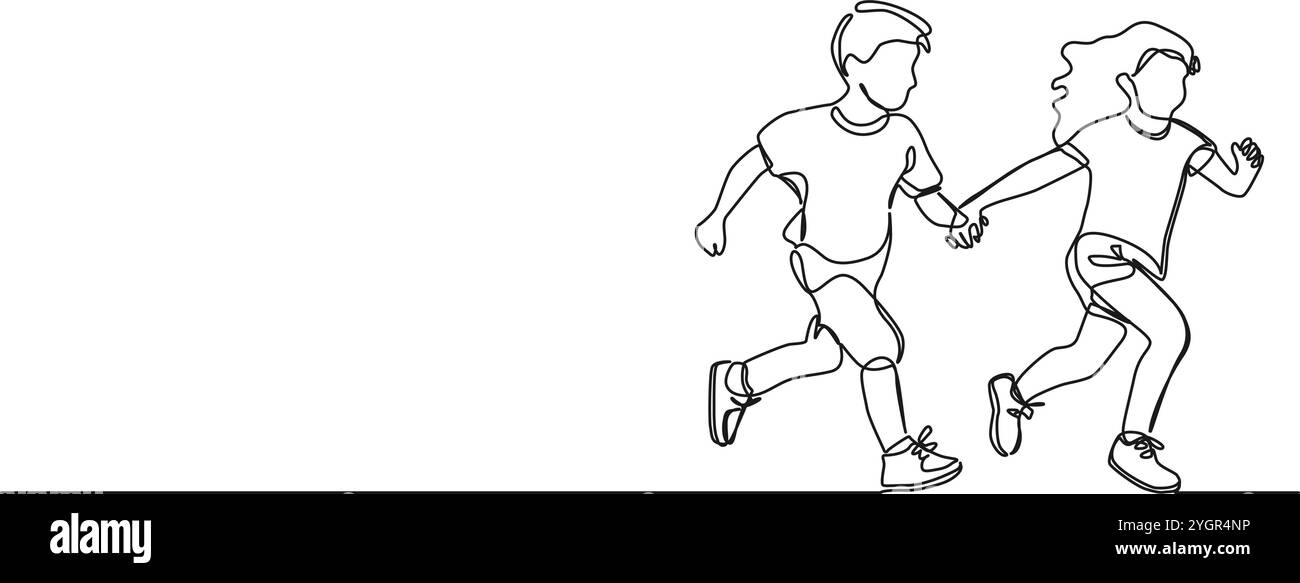 dessin en ligne simple continu de fille et garçon courant main dans la main, illustration vectorielle d'art au trait Illustration de Vecteur