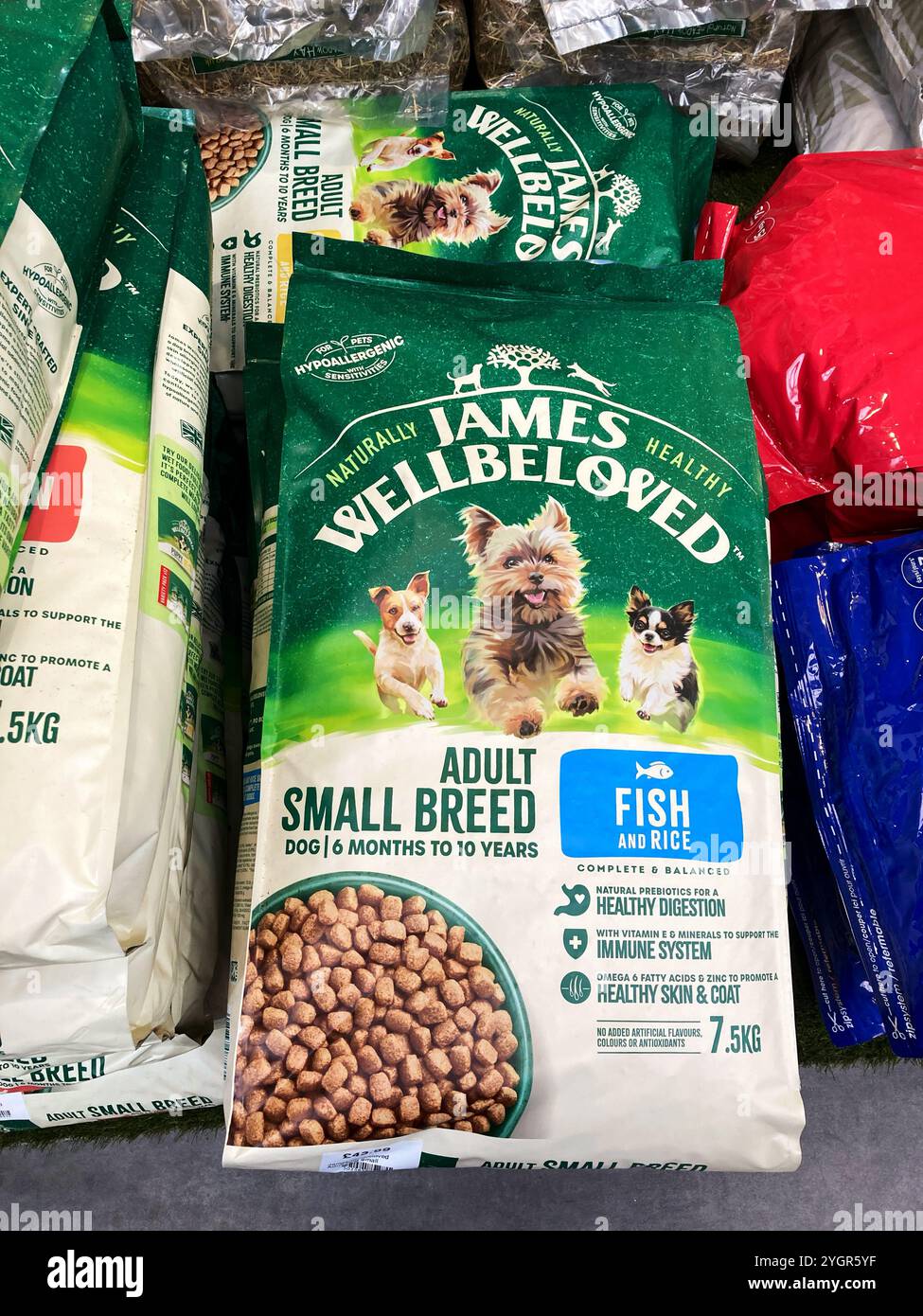 Sacs de granulés de nourriture Fish & Rice pour chiens de petite race, en vente au centre de jardinage - Image de stock capturée avec un smartphone